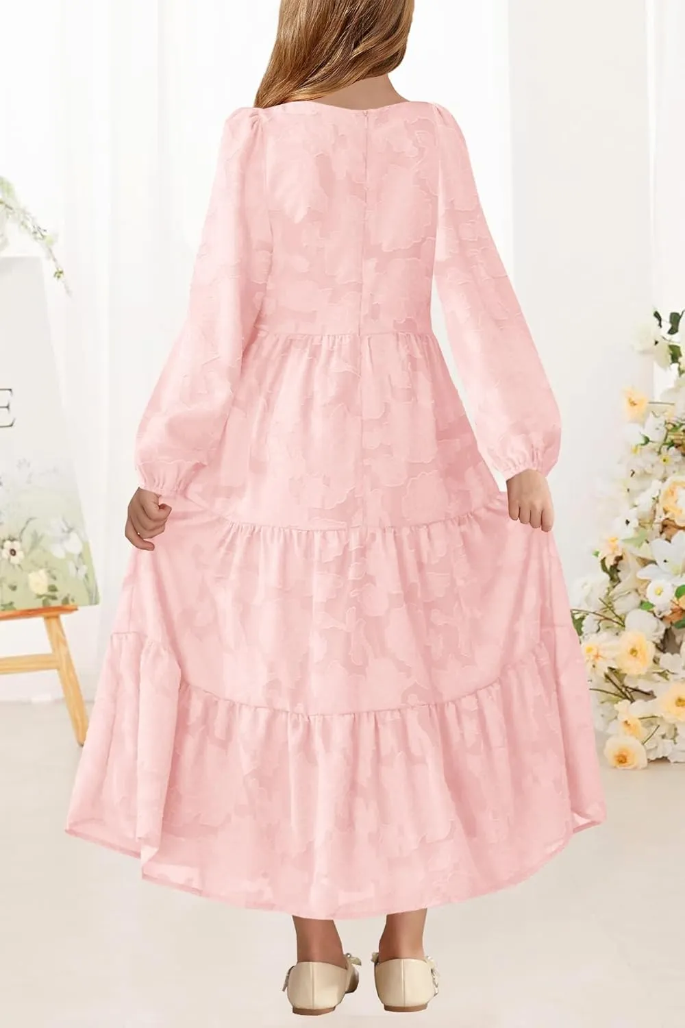 MITILLY Girls Fall Long Sleeve Dress Boho Flower A-Line Ruffle Tiered Flowy Maxi Dresses for Wedding Party 6-12 Years