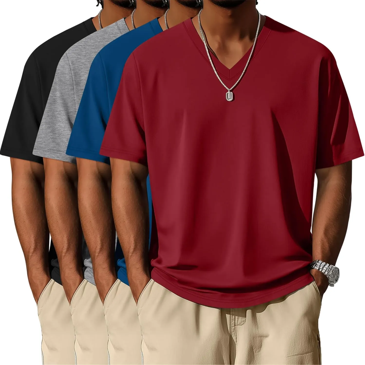 Neer 4 Pack Men's Big and Tall V Neck T-Shirts Casual Short Sleeve Cotton Tee Shirt Plus Size Summer Basic Tops