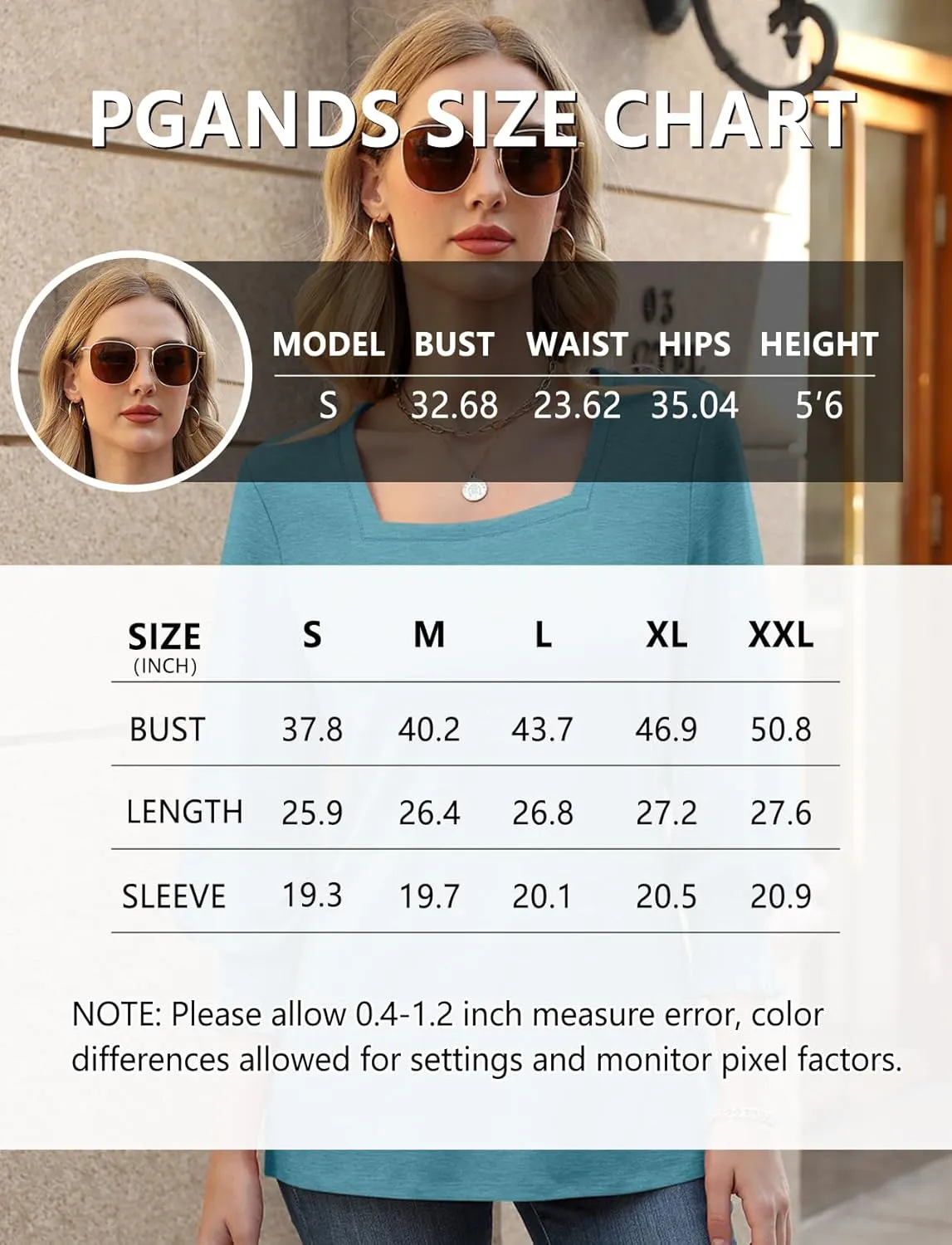PGANDS Women's 3/4 Sleeve Tops Square Neck Spring Summer Casual Smocked Cuffs Shirts