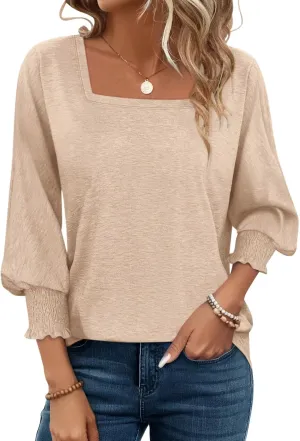 PGANDS Women's 3/4 Sleeve Tops Square Neck Spring Summer Casual Smocked Cuffs Shirts