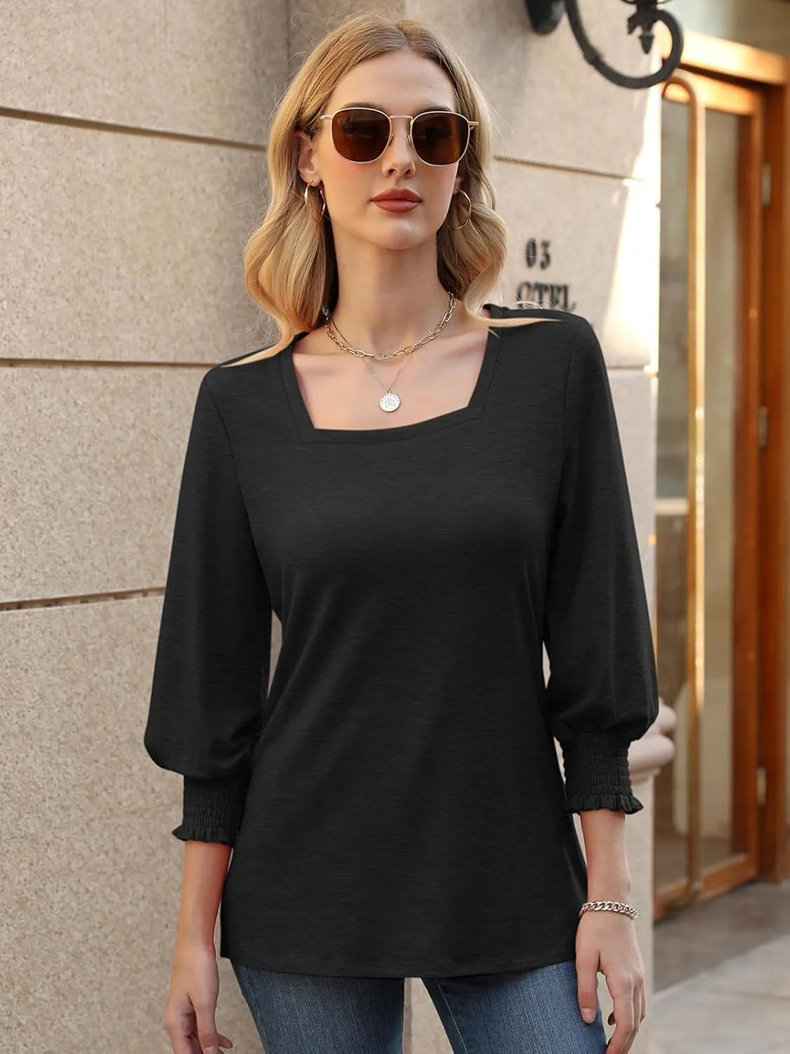 PGANDS Women's 3/4 Sleeve Tops Square Neck Spring Summer Casual Smocked Cuffs Shirts