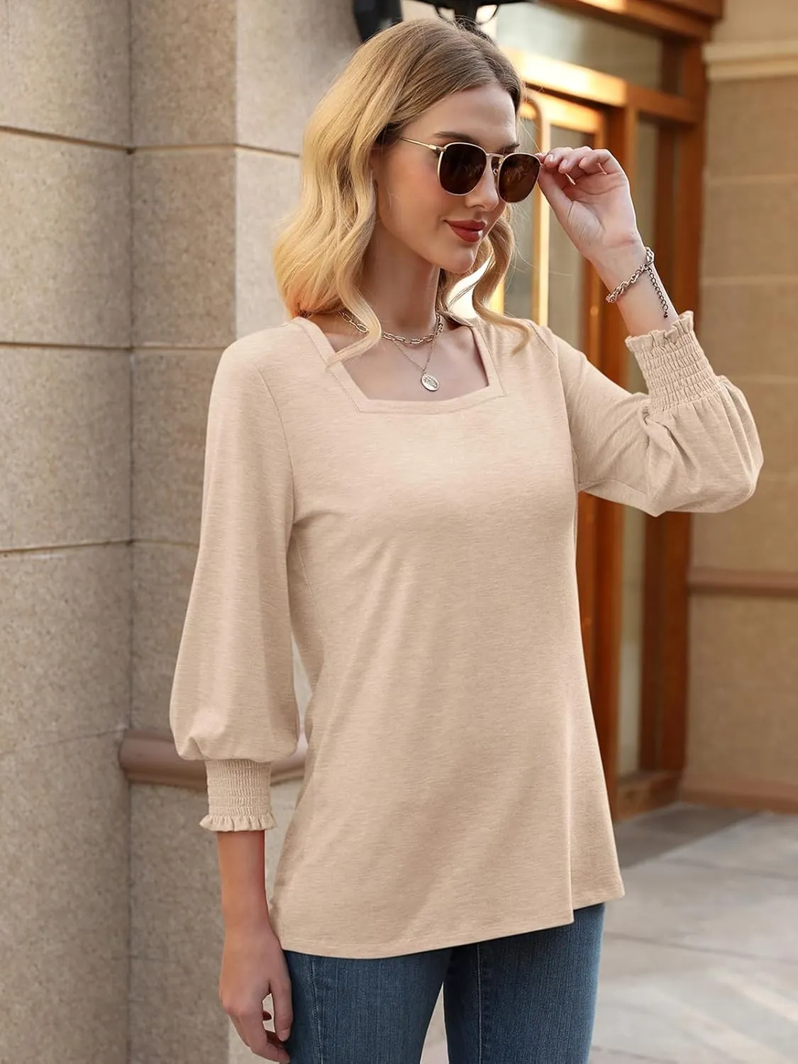PGANDS Women's 3/4 Sleeve Tops Square Neck Spring Summer Casual Smocked Cuffs Shirts