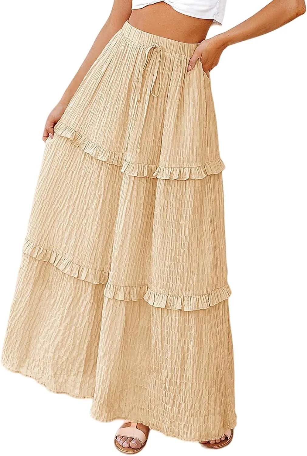 Pleated Long Skirts for Women Trendy Elastic High Waisted A-Line Flowy Swing Maxi Skirt Summer Comfy Tiered Skirt