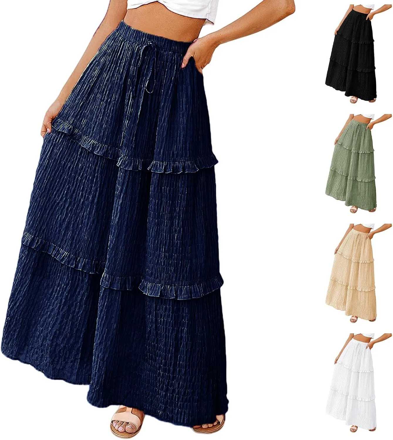 Pleated Long Skirts for Women Trendy Elastic High Waisted A-Line Flowy Swing Maxi Skirt Summer Comfy Tiered Skirt