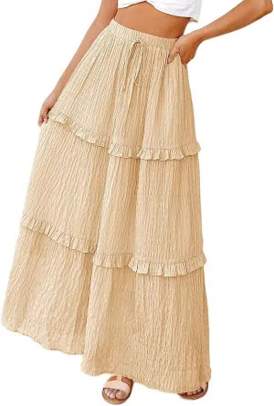 Pleated Long Skirts for Women Trendy Elastic High Waisted A-Line Flowy Swing Maxi Skirt Summer Comfy Tiered Skirt