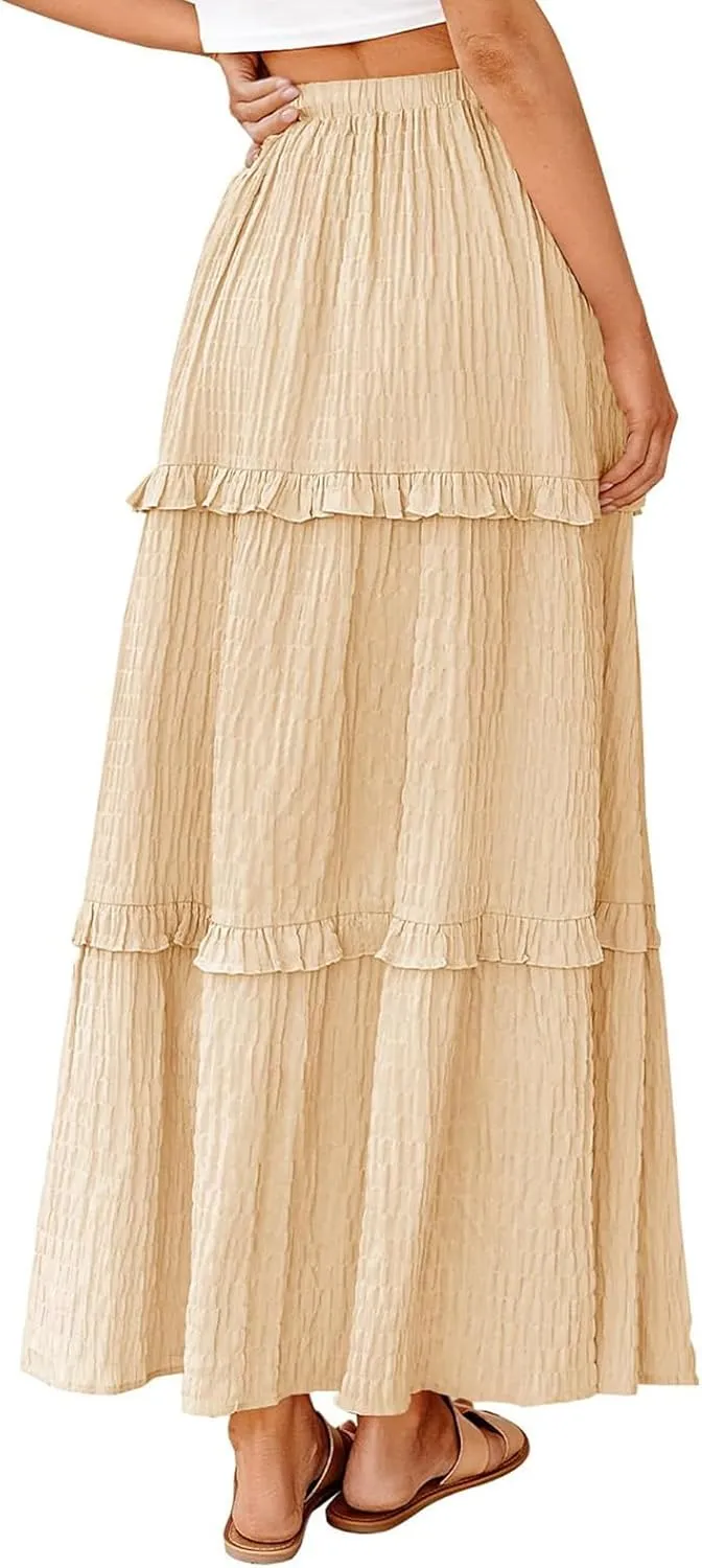 Pleated Long Skirts for Women Trendy Elastic High Waisted A-Line Flowy Swing Maxi Skirt Summer Comfy Tiered Skirt