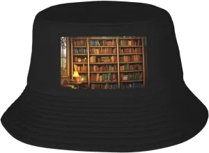 Retro Bookshelf Sun Hats for Women Men Fishing Hat UPF 50  Wide Brim Bucket Hat Foldable Beach Hats Black