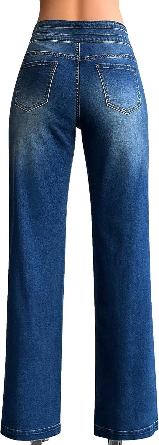 roswear Women's Wide Leg Jeans Casual High Waisted Stretch Baggy Loose Denim Pants