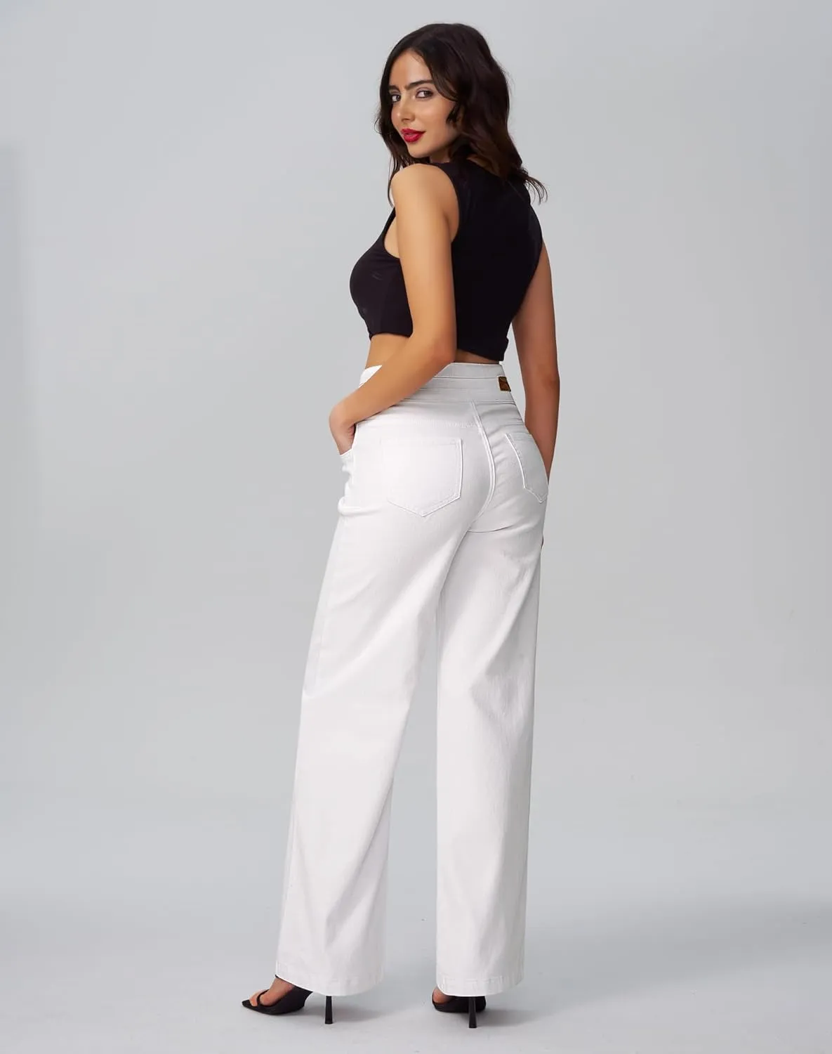 roswear Women's Wide Leg Jeans Casual High Waisted Stretch Baggy Loose Denim Pants