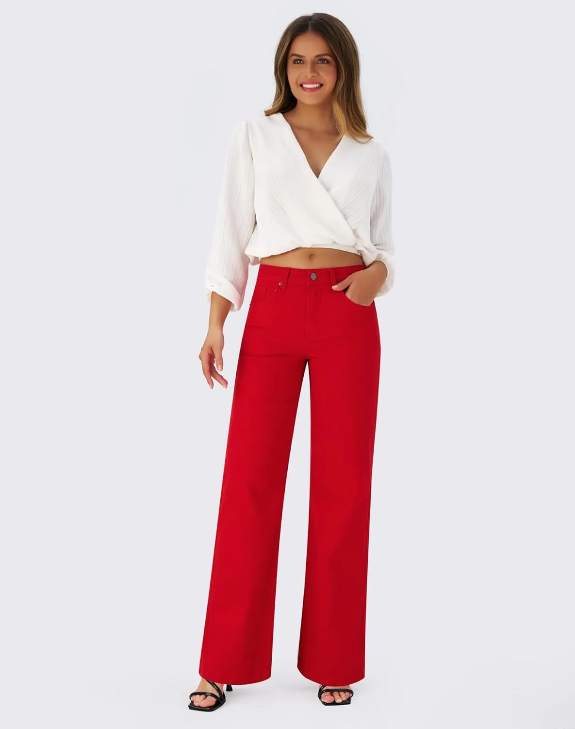roswear Women's Wide Leg Jeans High Waisted Stretchy Denim Trouser Pants