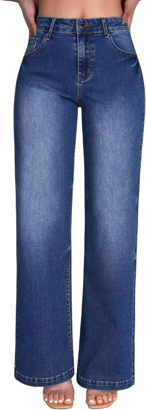 roswear Women's Wide Leg Jeans High Waisted Stretchy Denim Trouser Pants