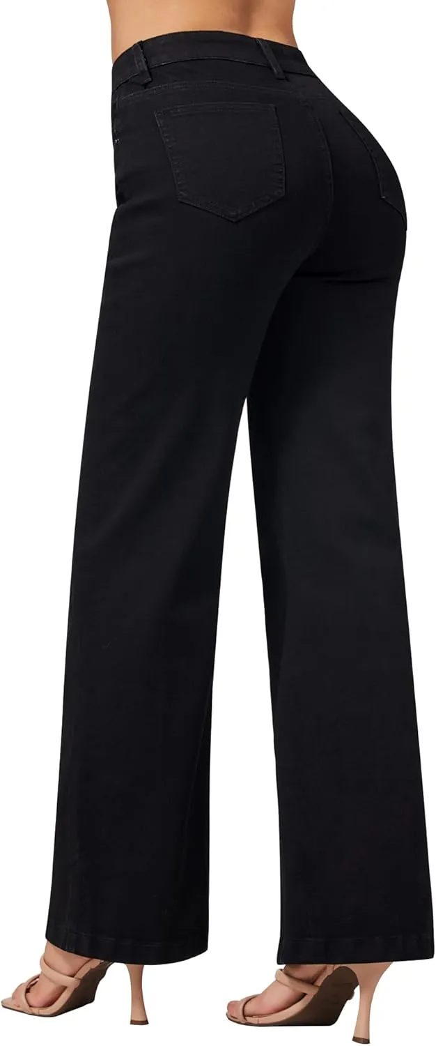 roswear Women's Wide Leg Jeans High Waisted Stretchy Denim Trouser Pants
