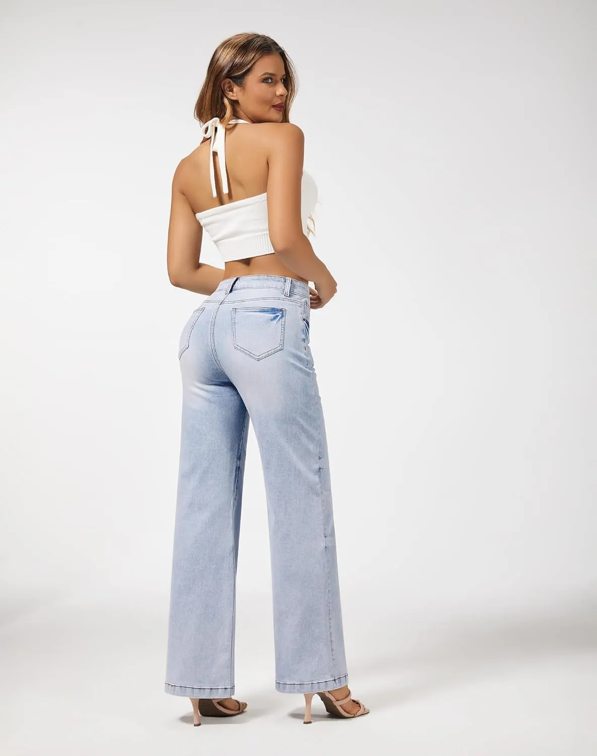 roswear Women's Wide Leg Jeans High Waisted Stretchy Denim Trouser Pants