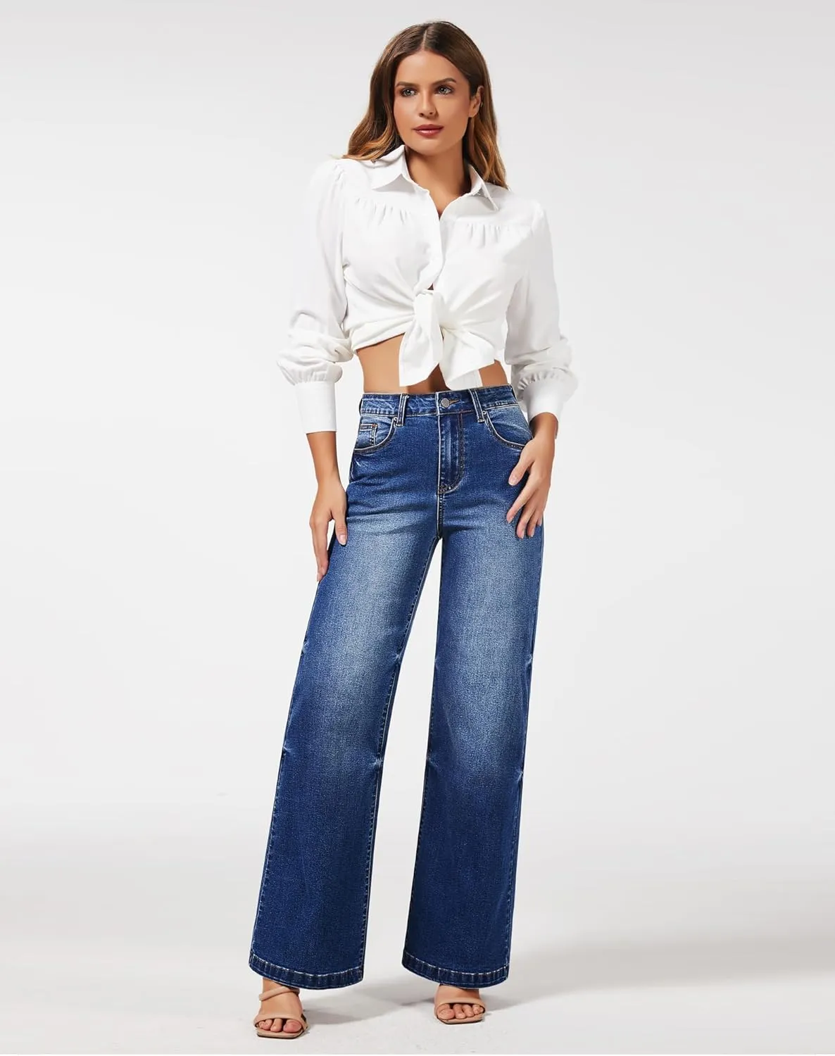 roswear Women's Wide Leg Jeans High Waisted Stretchy Denim Trouser Pants