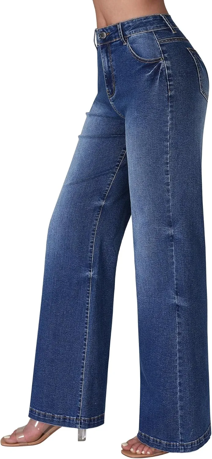 roswear Women's Wide Leg Jeans High Waisted Stretchy Denim Trouser Pants