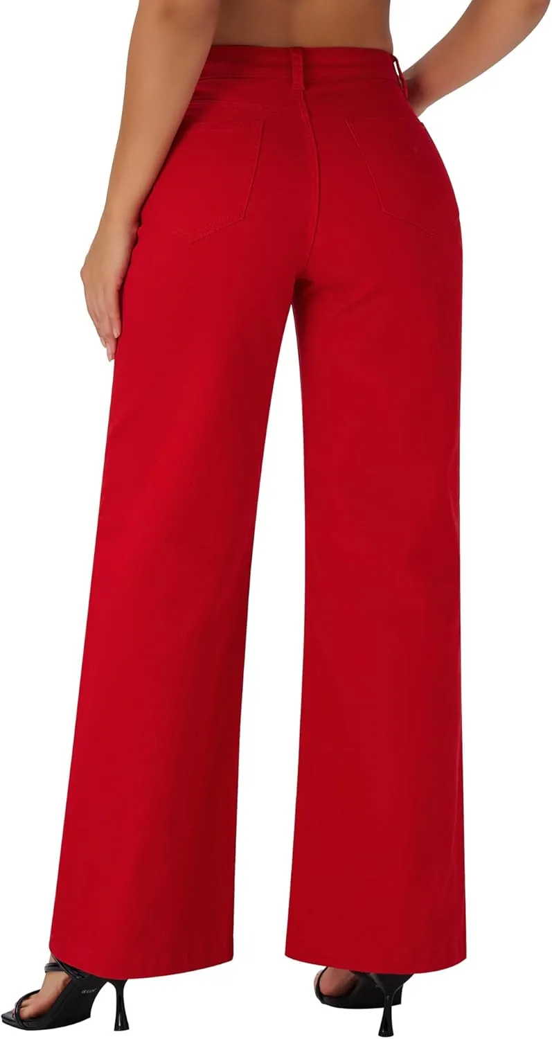 roswear Women's Wide Leg Jeans High Waisted Stretchy Denim Trouser Pants