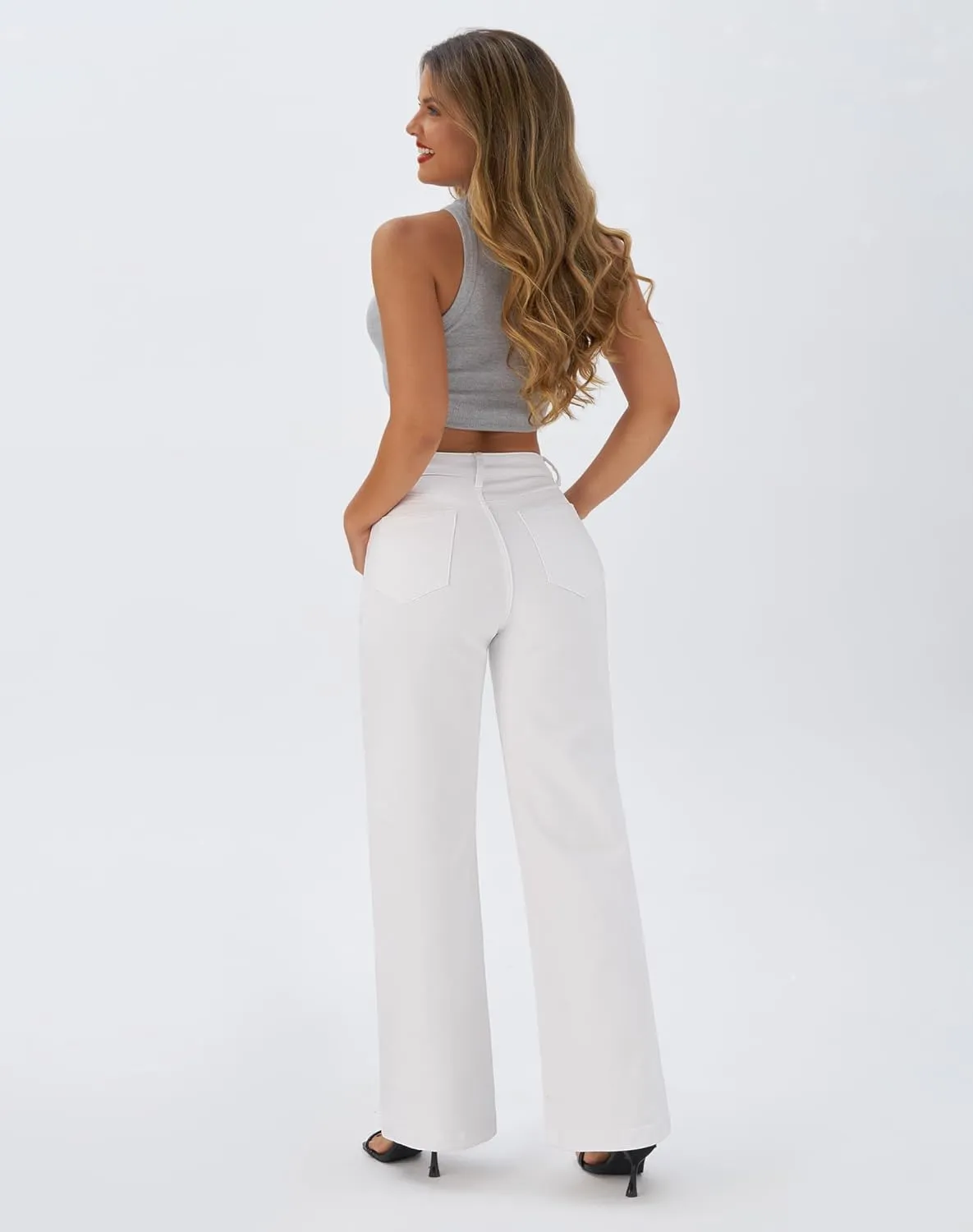 roswear Women's Wide Leg Jeans High Waisted Stretchy Denim Trouser Pants