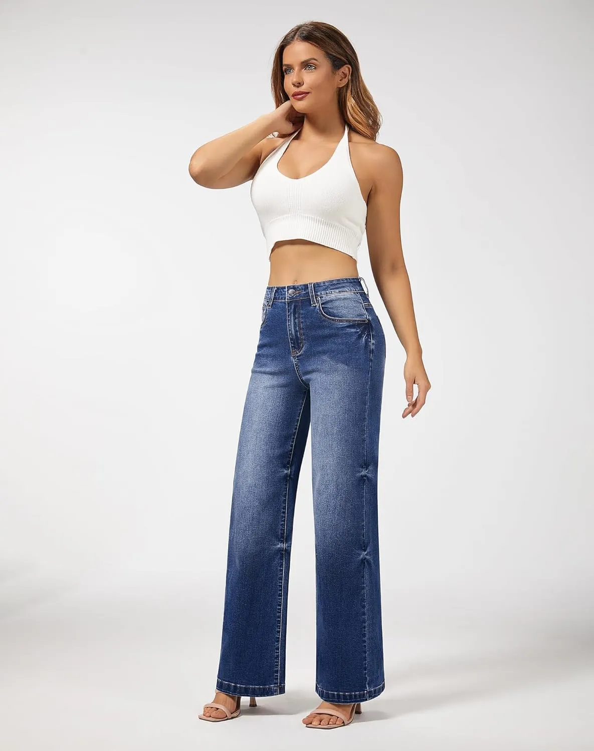 roswear Women's Wide Leg Jeans High Waisted Stretchy Denim Trouser Pants