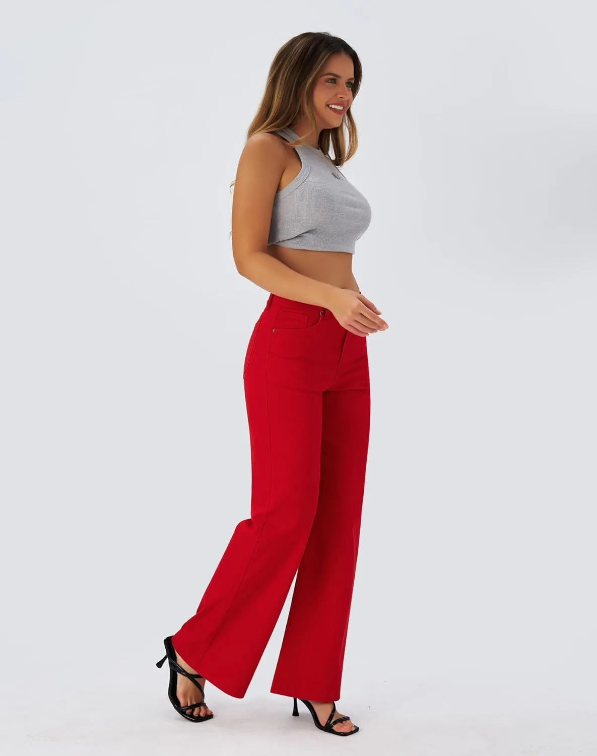 roswear Women's Wide Leg Jeans High Waisted Stretchy Denim Trouser Pants