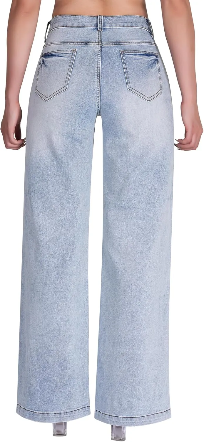 roswear Women's Wide Leg Jeans High Waisted Stretchy Denim Trouser Pants