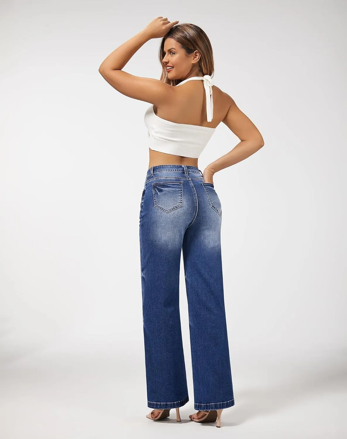 roswear Women's Wide Leg Jeans High Waisted Stretchy Denim Trouser Pants