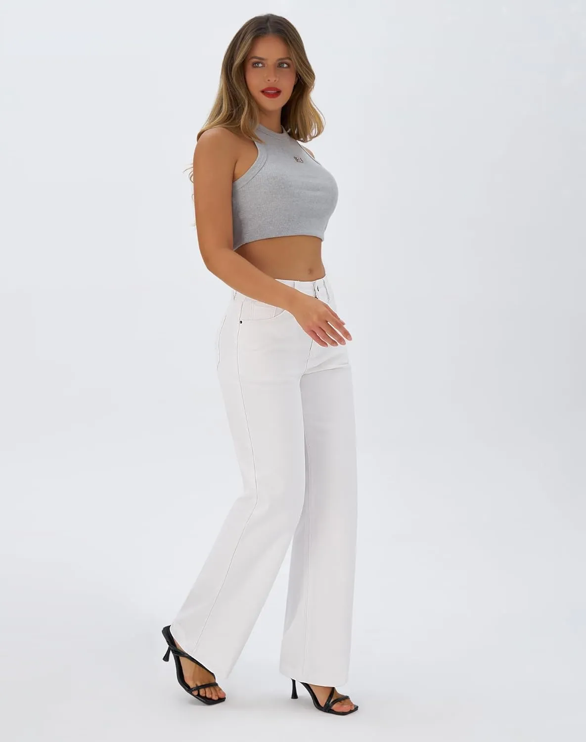 roswear Women's Wide Leg Jeans High Waisted Stretchy Denim Trouser Pants