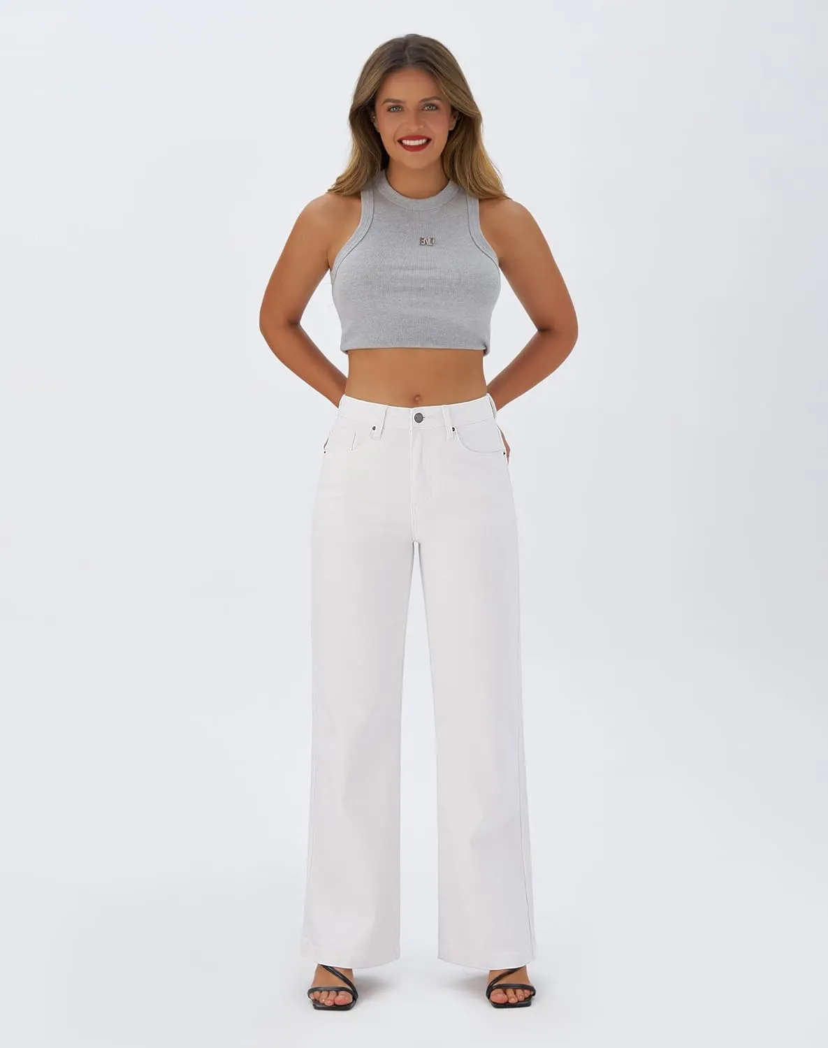 roswear Women's Wide Leg Jeans High Waisted Stretchy Denim Trouser Pants