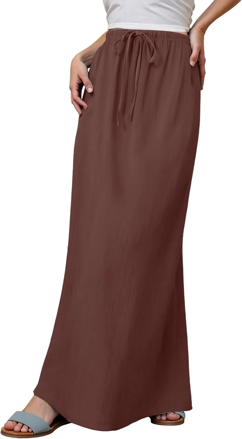 Rvidbe Long Flowy Skirts for Women Summer Fashion Solid Color Drawstring Linen Skirts Casual Sexy Low Waist Boho Beach Skirts