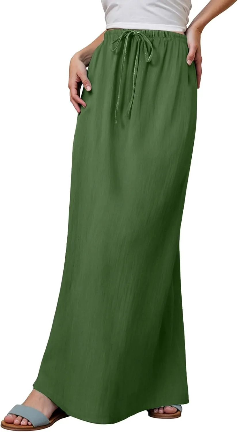 Rvidbe Long Flowy Skirts for Women Summer Fashion Solid Color Drawstring Linen Skirts Casual Sexy Low Waist Boho Beach Skirts