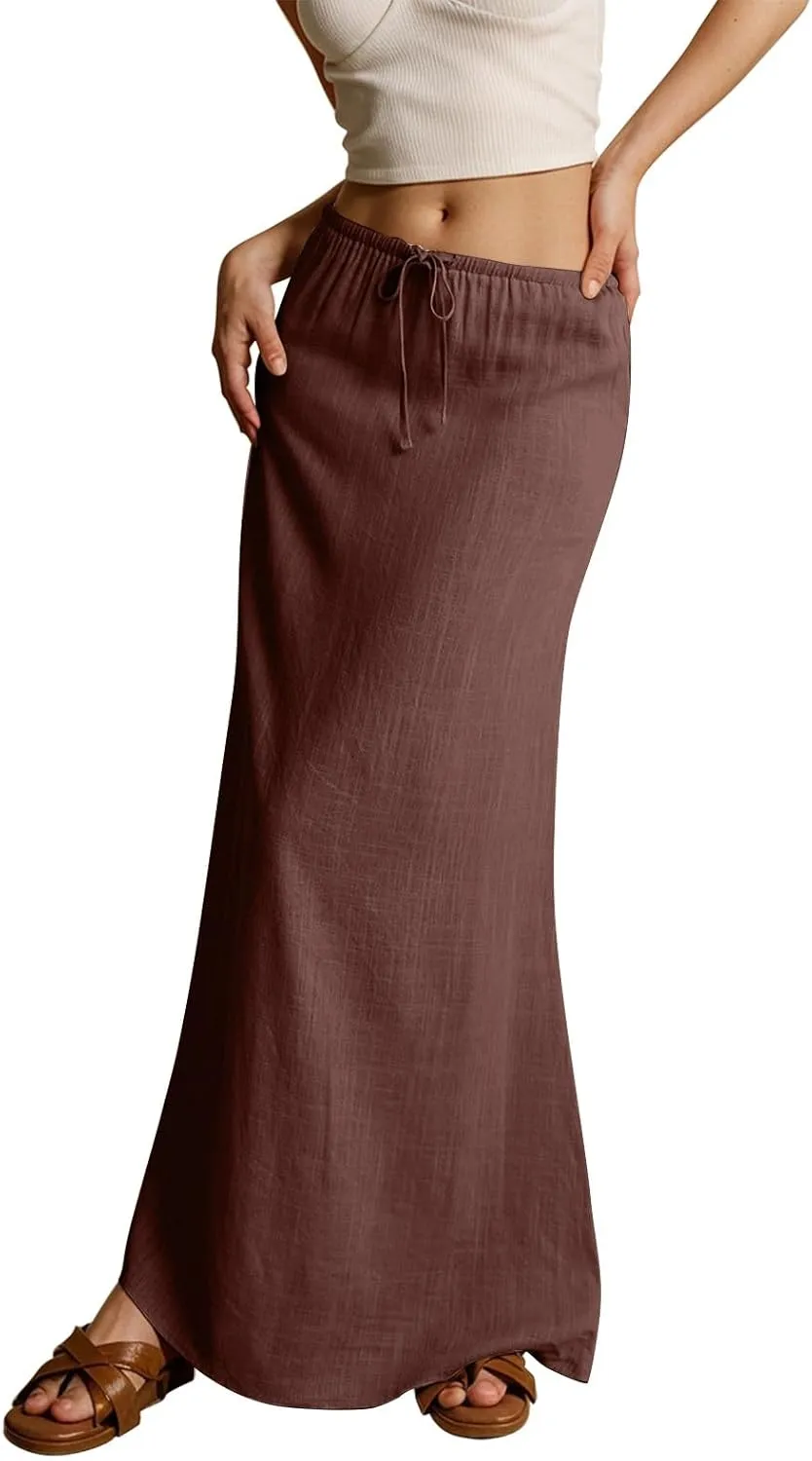 Rvidbe Long Flowy Skirts for Women Summer Fashion Solid Color Drawstring Linen Skirts Casual Sexy Low Waist Boho Beach Skirts
