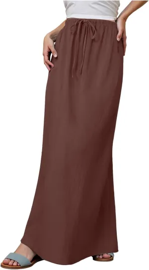 Rvidbe Long Flowy Skirts for Women Summer Fashion Solid Color Drawstring Linen Skirts Casual Sexy Low Waist Boho Beach Skirts