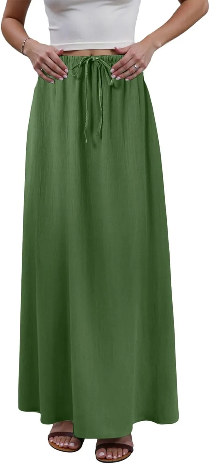 Rvidbe Long Flowy Skirts for Women Summer Fashion Solid Color Drawstring Linen Skirts Casual Sexy Low Waist Boho Beach Skirts