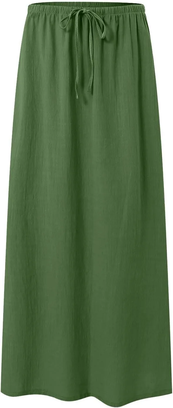 Rvidbe Long Flowy Skirts for Women Summer Fashion Solid Color Drawstring Linen Skirts Casual Sexy Low Waist Boho Beach Skirts