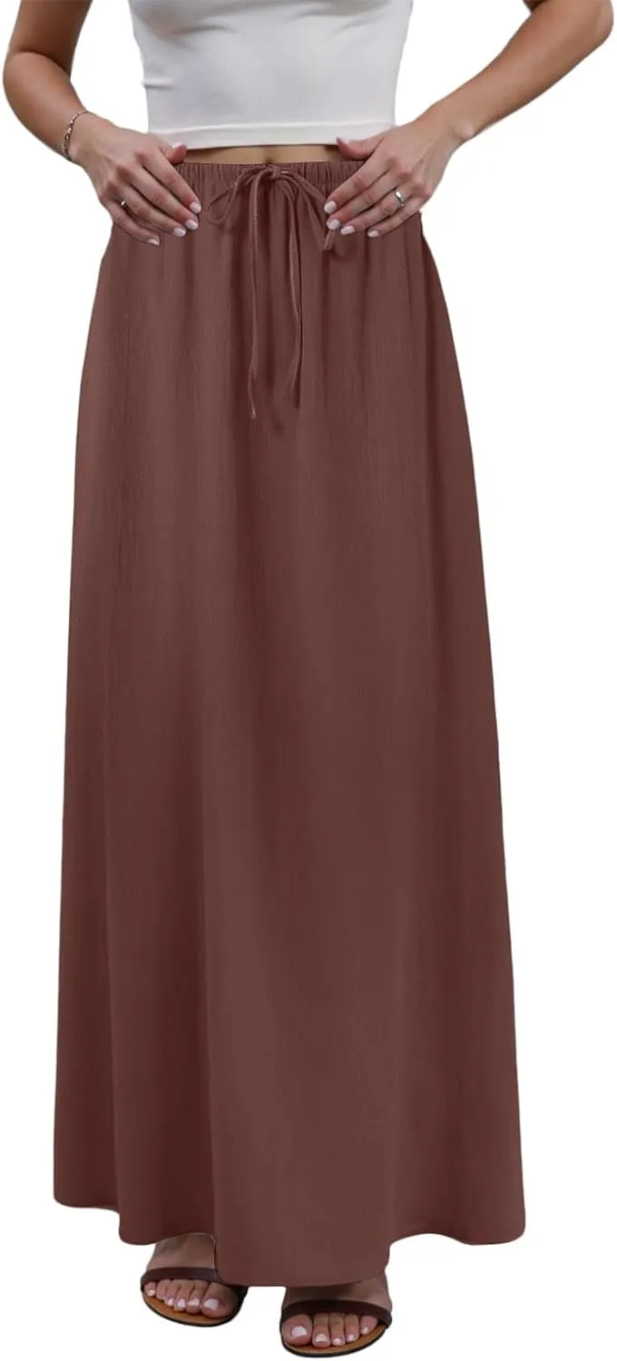 Rvidbe Long Flowy Skirts for Women Summer Fashion Solid Color Drawstring Linen Skirts Casual Sexy Low Waist Boho Beach Skirts