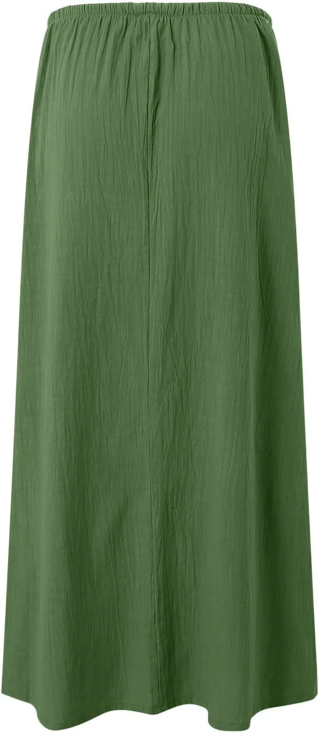 Rvidbe Long Flowy Skirts for Women Summer Fashion Solid Color Drawstring Linen Skirts Casual Sexy Low Waist Boho Beach Skirts