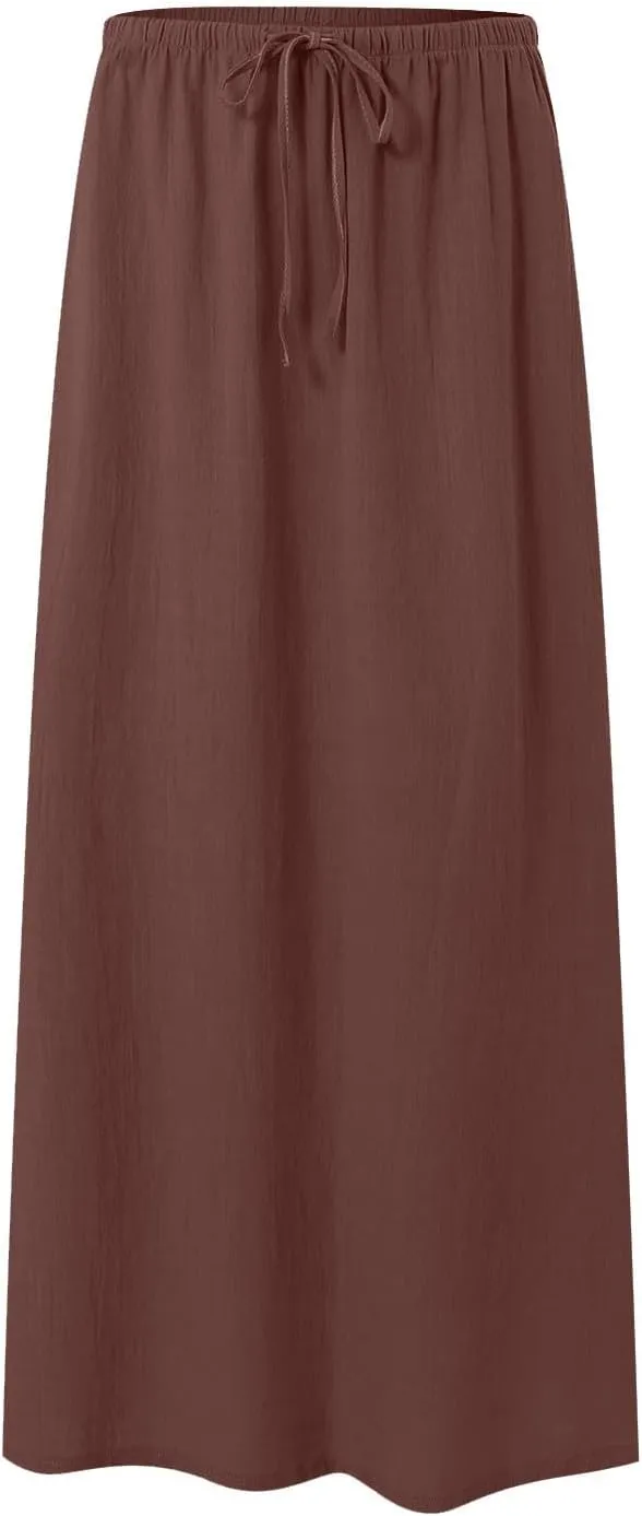 Rvidbe Long Flowy Skirts for Women Summer Fashion Solid Color Drawstring Linen Skirts Casual Sexy Low Waist Boho Beach Skirts