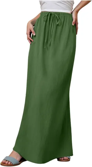 Rvidbe Long Flowy Skirts for Women Summer Fashion Solid Color Drawstring Linen Skirts Casual Sexy Low Waist Boho Beach Skirts