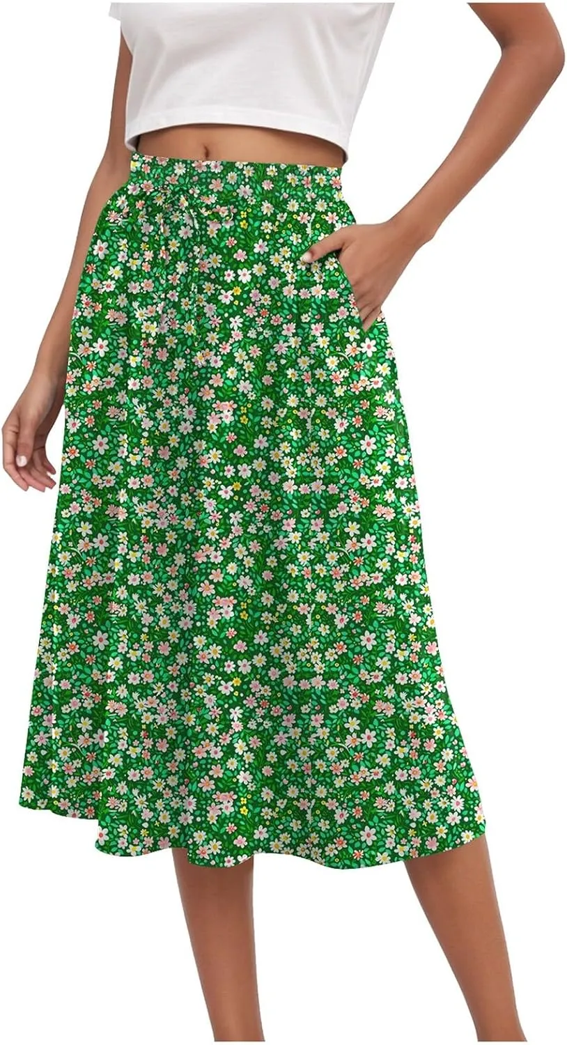 Rvidbe Midi Skirt for Women Drawstring Floral Printed High Waisted Below Knee Pleated Flowy Beach A-Line Skirts with Pockets
