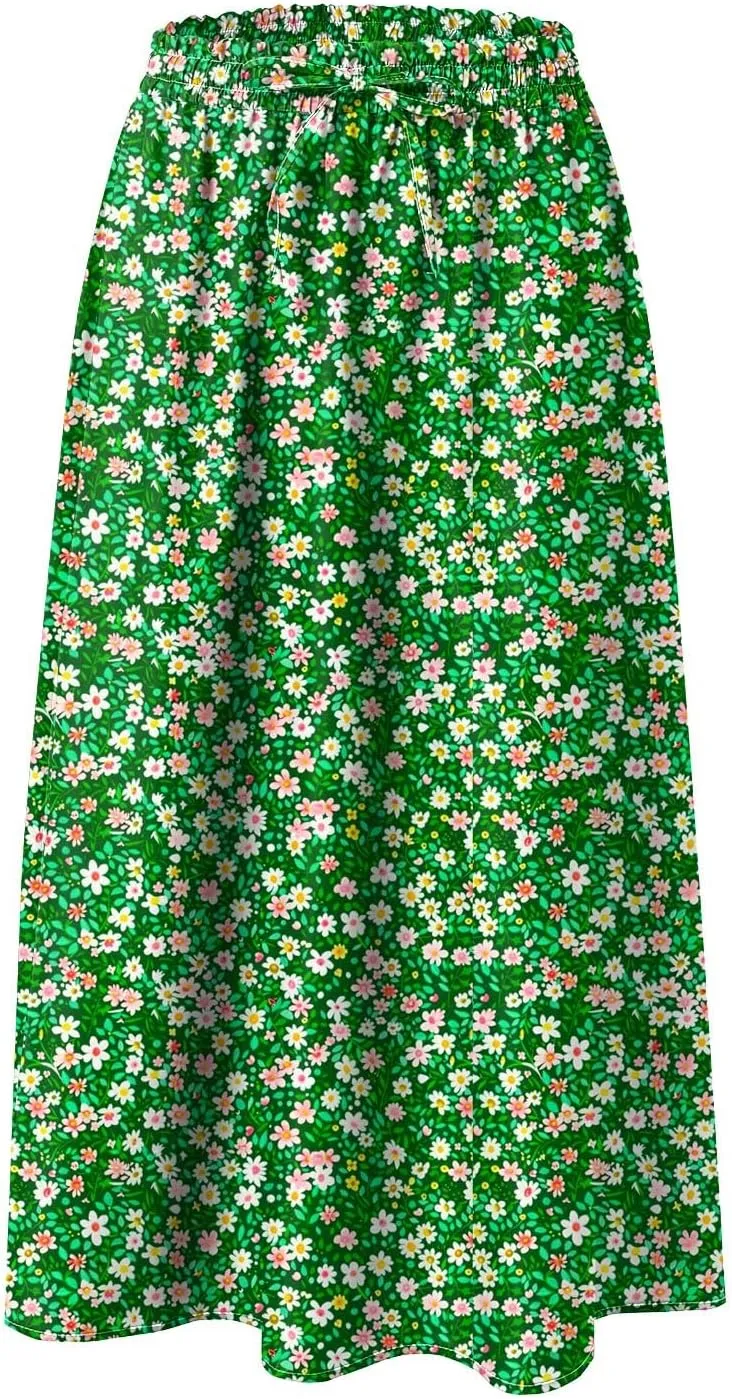 Rvidbe Midi Skirt for Women Drawstring Floral Printed High Waisted Below Knee Pleated Flowy Beach A-Line Skirts with Pockets