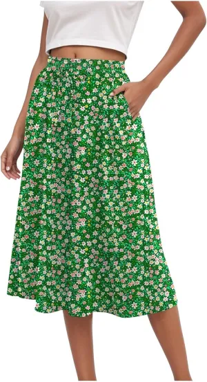 Rvidbe Midi Skirt for Women Drawstring Floral Printed High Waisted Below Knee Pleated Flowy Beach A-Line Skirts with Pockets