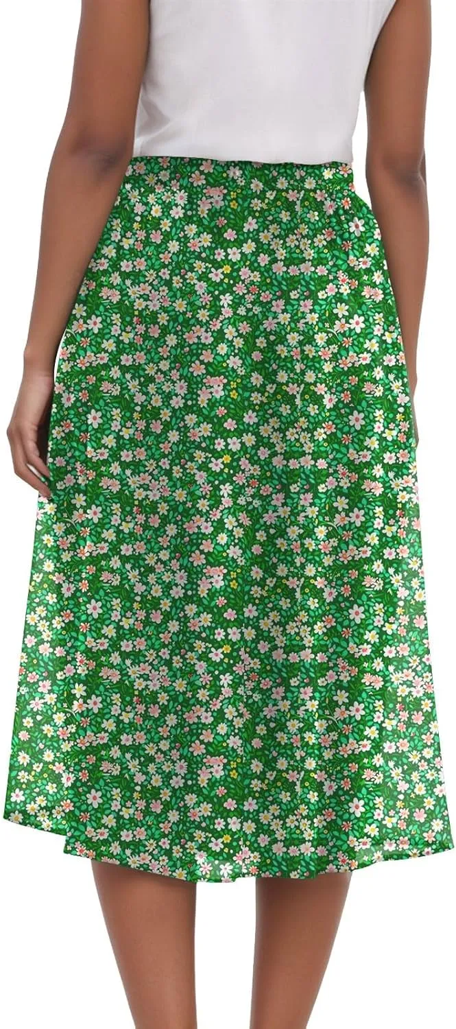 Rvidbe Midi Skirt for Women Drawstring Floral Printed High Waisted Below Knee Pleated Flowy Beach A-Line Skirts with Pockets