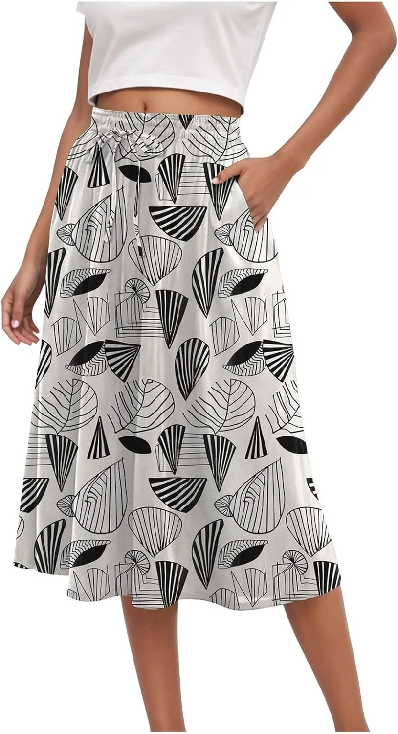 Rvidbe Midi Skirt for Women Graphic Printed High Waisted Below Knee Pleated Flowy Skirts with Pockets Beach A-Line Skirts