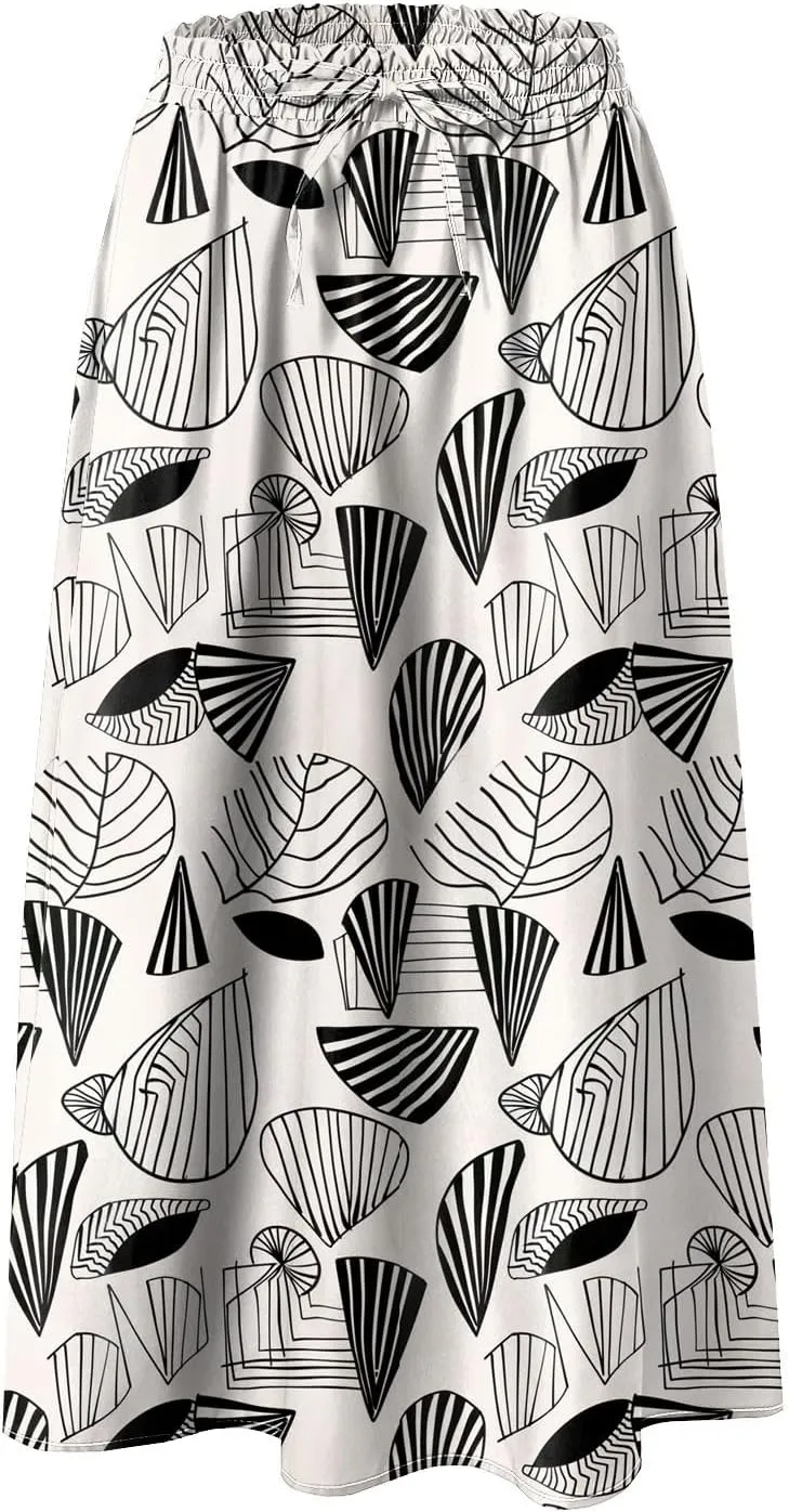 Rvidbe Midi Skirt for Women Graphic Printed High Waisted Below Knee Pleated Flowy Skirts with Pockets Beach A-Line Skirts