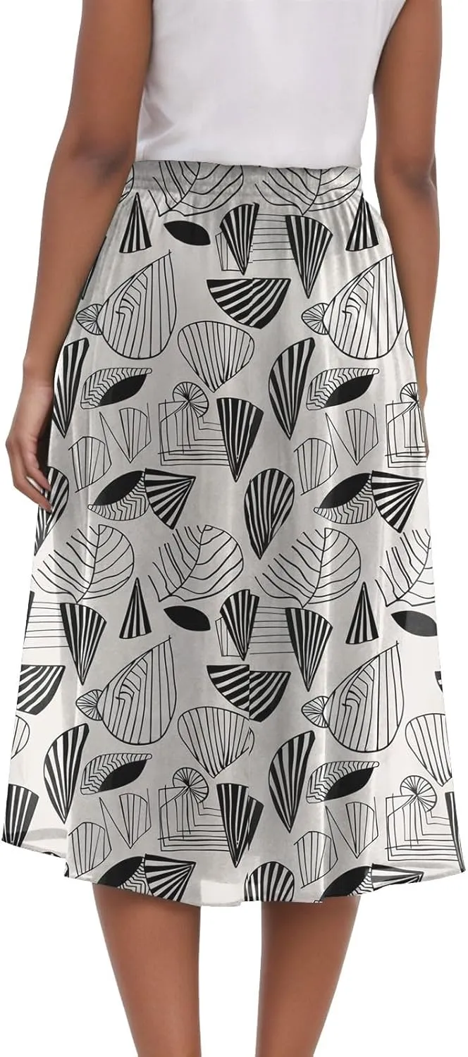 Rvidbe Midi Skirt for Women Graphic Printed High Waisted Below Knee Pleated Flowy Skirts with Pockets Beach A-Line Skirts
