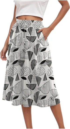Rvidbe Midi Skirt for Women Graphic Printed High Waisted Below Knee Pleated Flowy Skirts with Pockets Beach A-Line Skirts