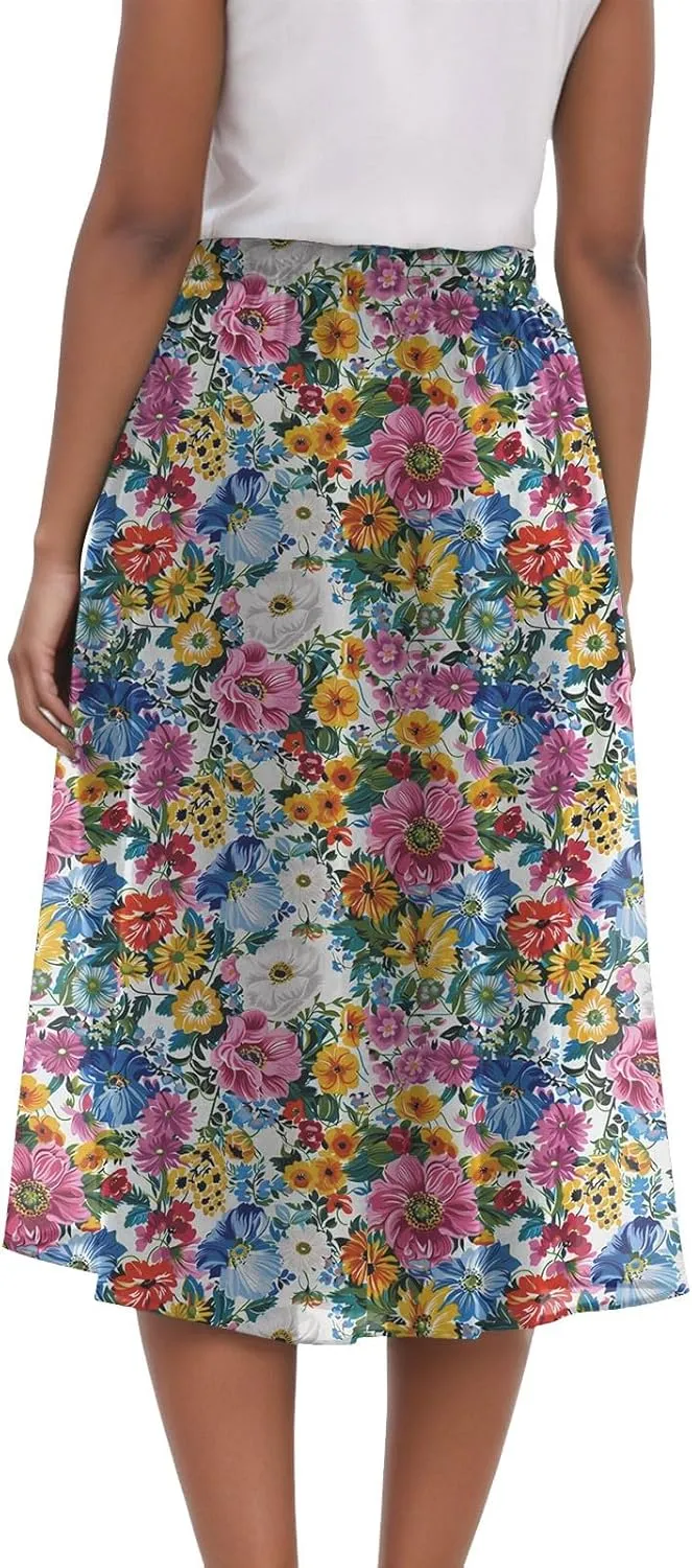 Rvidbe Skirts for Women Midi Length Pleated High Waisted Casual Below Knee Skirts with Pockets Floral Print A-Line Skirts