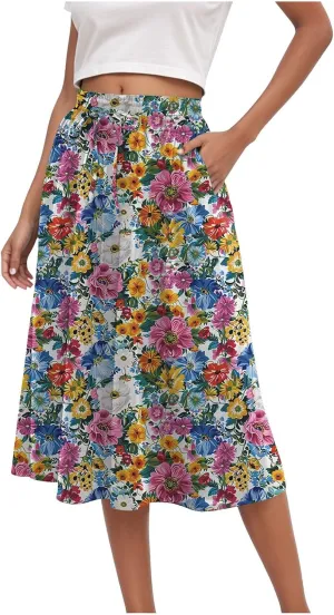 Rvidbe Skirts for Women Midi Length Pleated High Waisted Casual Below Knee Skirts with Pockets Floral Print A-Line Skirts