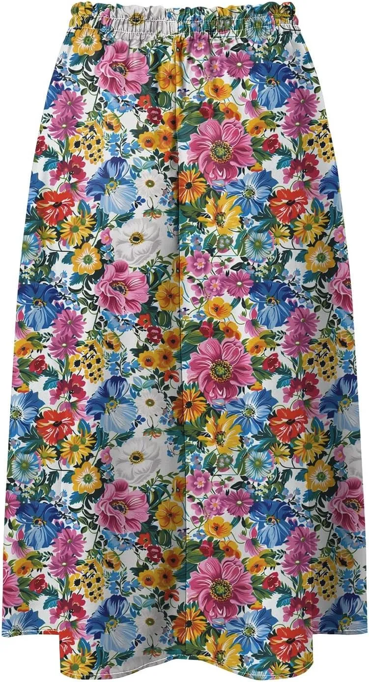 Rvidbe Skirts for Women Midi Length Pleated High Waisted Casual Below Knee Skirts with Pockets Floral Print A-Line Skirts
