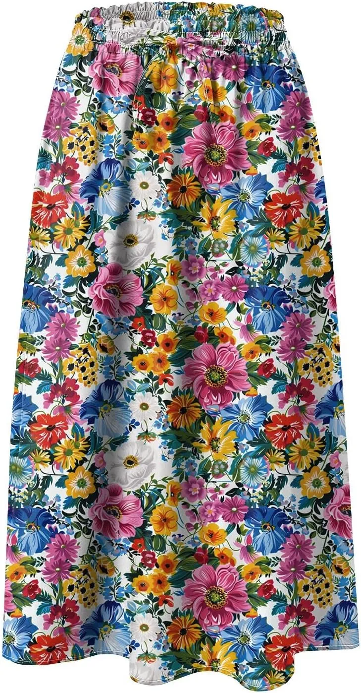 Rvidbe Skirts for Women Midi Length Pleated High Waisted Casual Below Knee Skirts with Pockets Floral Print A-Line Skirts