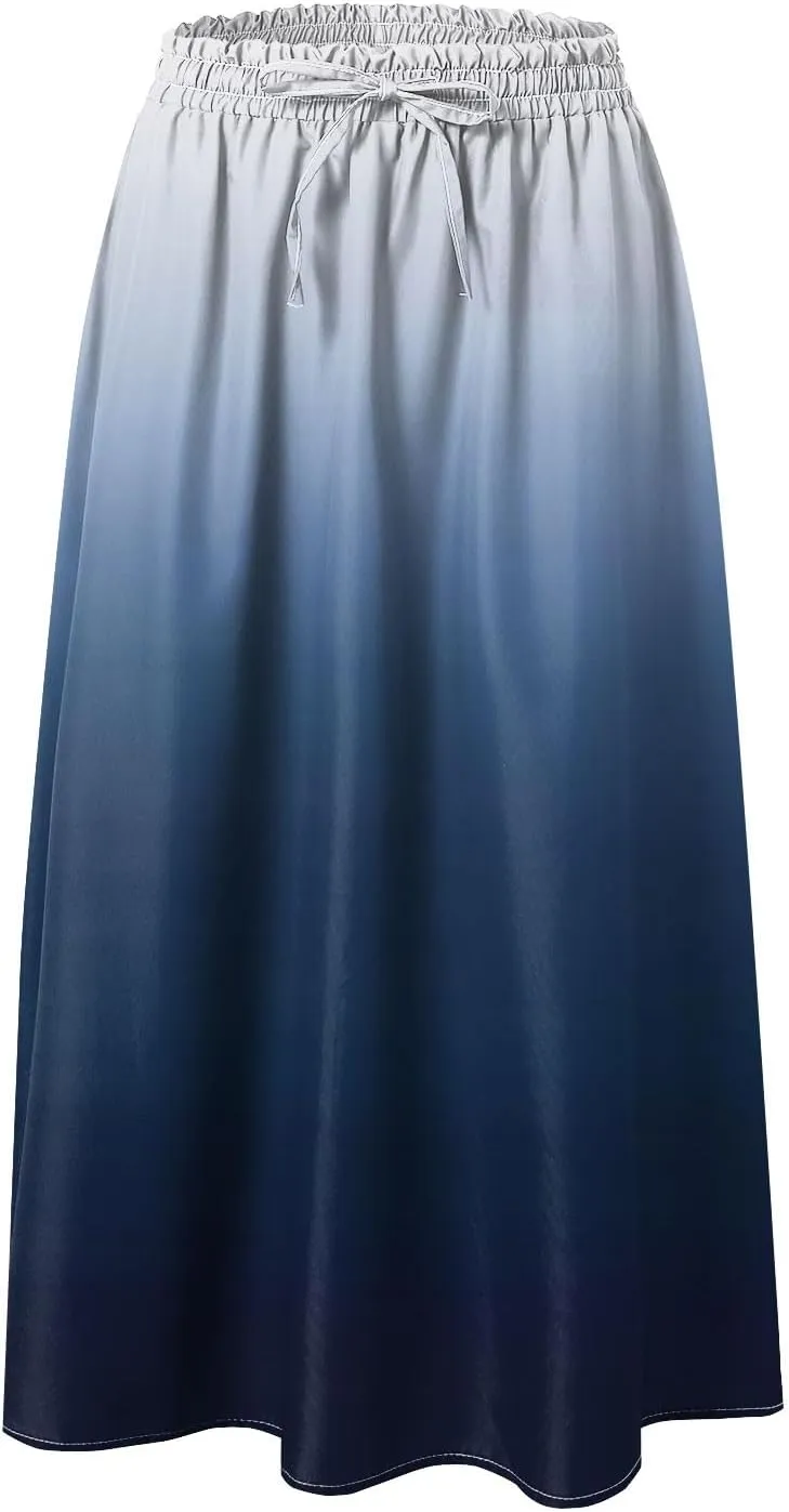 Rvidbe Skirts for Women Midi Length Pleated High Waisted Casual Below Knee Skirts with Pockets Gradient Print A-Line Skirts